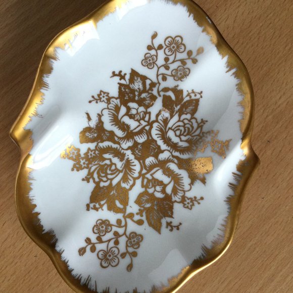 Vintage plates, egg server Porcelain de France gold leaf & flower lot of three - Picture 5 of 8